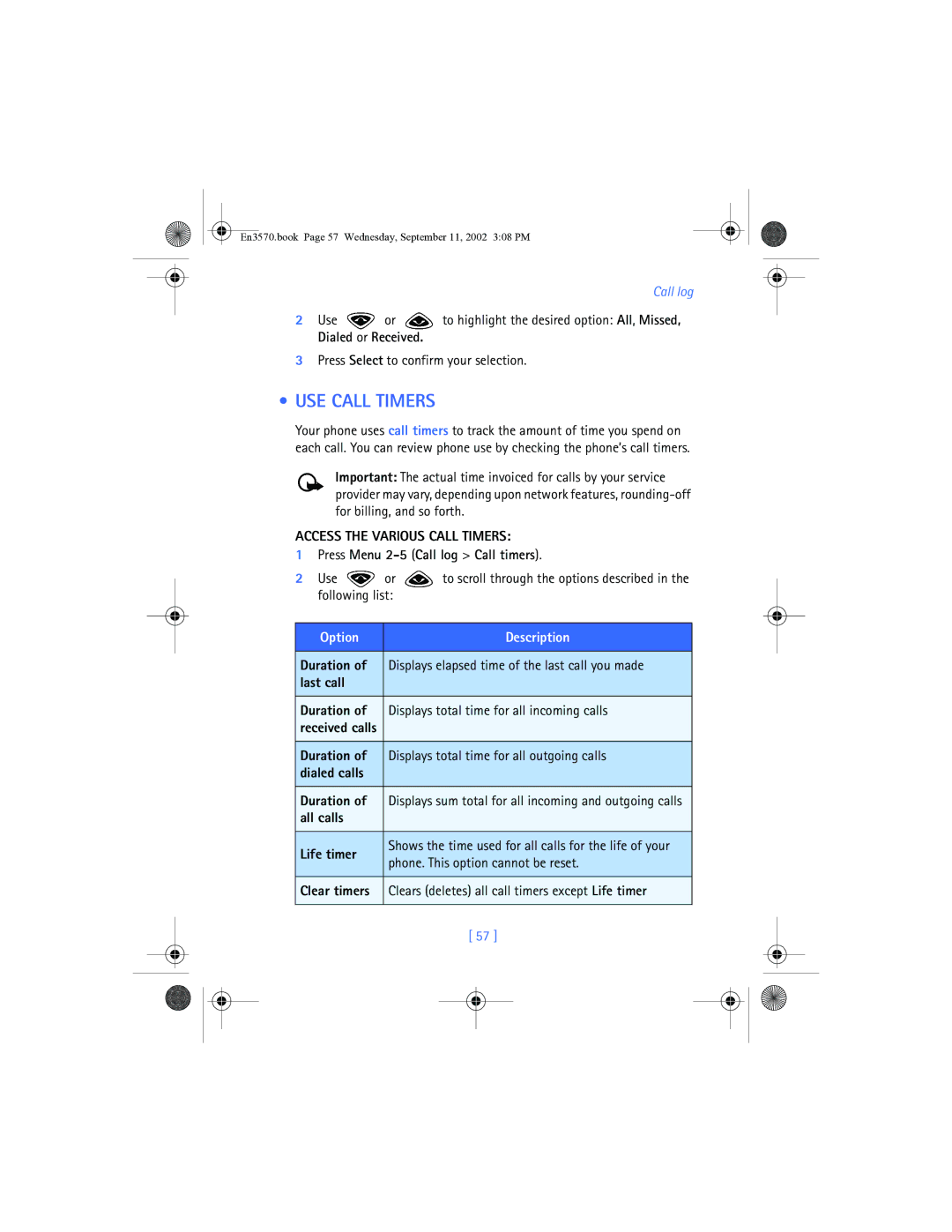 Nokia 3570 USE Call Timers, Access the Various Call Timers, Press Menu 2-5 Call log Call timers, All calls Life timer 