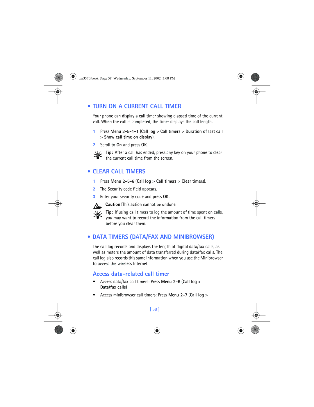 Nokia 3570 manual Turn on a Current Call Timer, Clear Call Timers, Data Timers DATA/FAX and Minibrowser 