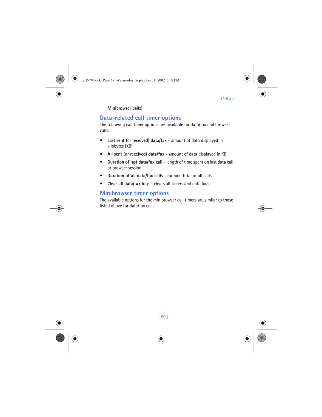 Nokia 3570 manual Data-related call timer options, Minibrowser timer options, Minibrowser calls 