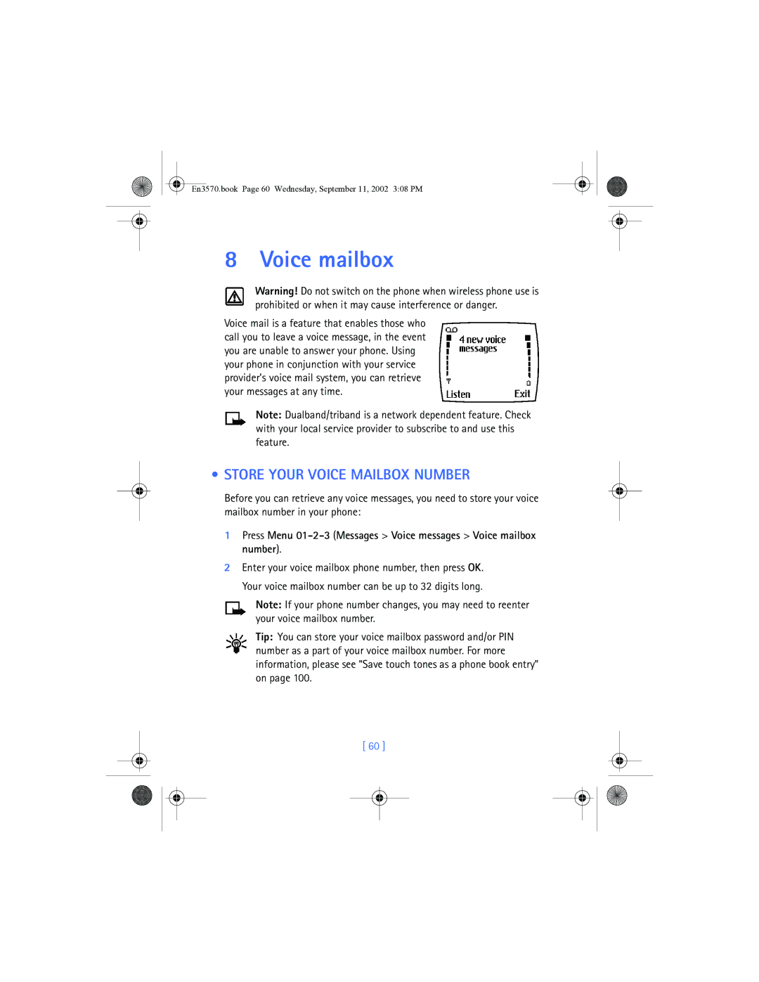 Nokia 3570 manual Voice mailbox, Store Your Voice Mailbox Number 