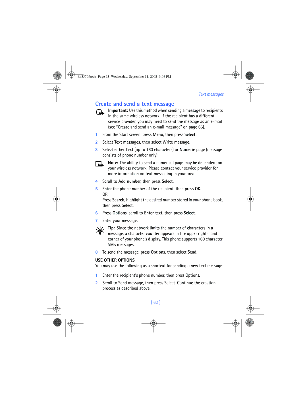 Nokia 3570 manual Create and send a text message, From the Start screen, press Menu, then press Select, USE Other Options 