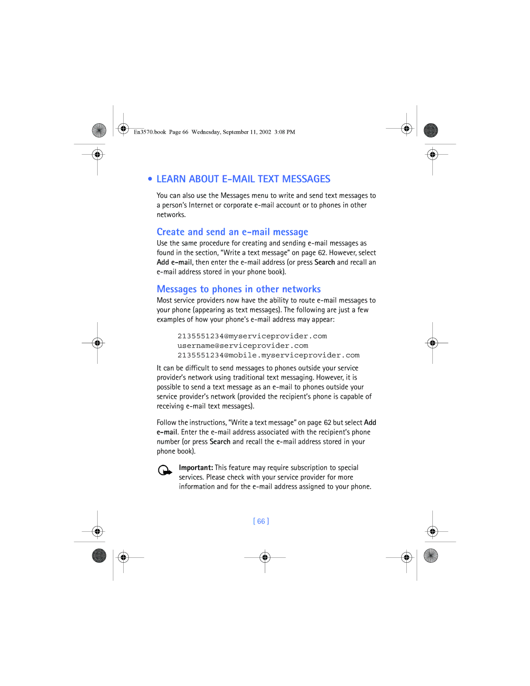 Nokia 3570 manual Learn about E-MAIL Text Messages, Create and send an e-mail message, Messages to phones in other networks 