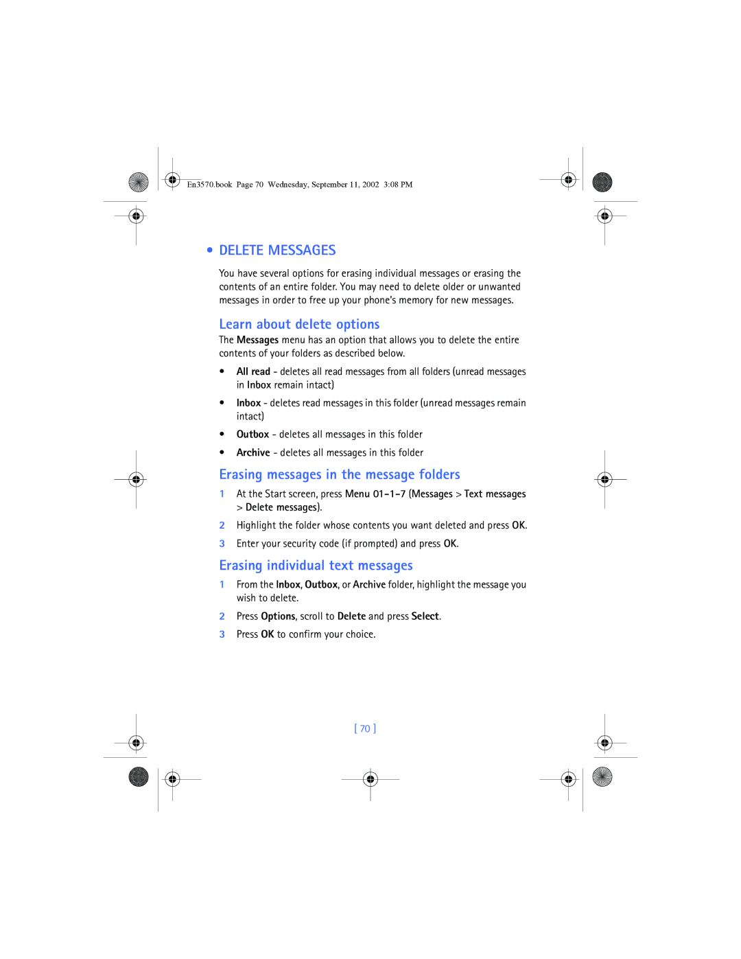 Nokia 3570 manual Delete Messages, Learn about delete options, Erasing messages in the message folders 