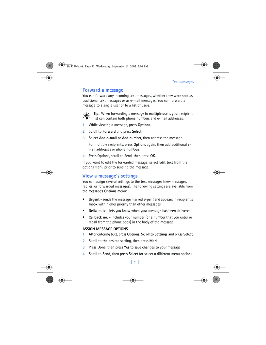 Nokia 3570 manual Forward a message, View a message’s settings, Assign Message Options 