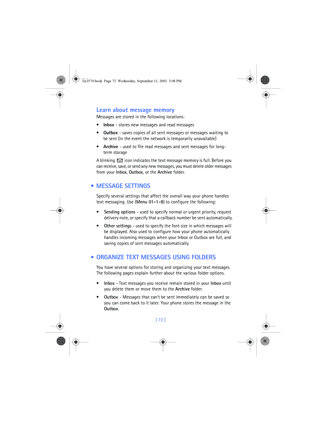 Nokia 3570 manual Learn about message memory, Message Settings, Organize Text Messages Using Folders 