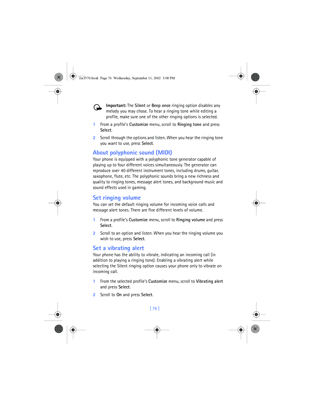 Nokia 3570 manual About polyphonic sound Midi, Set ringing volume, Set a vibrating alert 