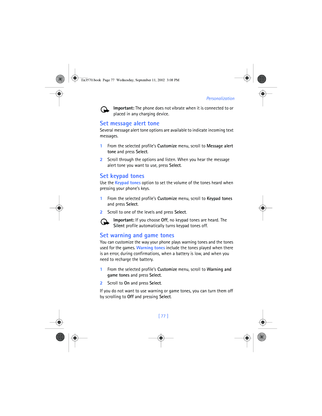 Nokia 3570 manual Set message alert tone, Set keypad tones, Set warning and game tones 