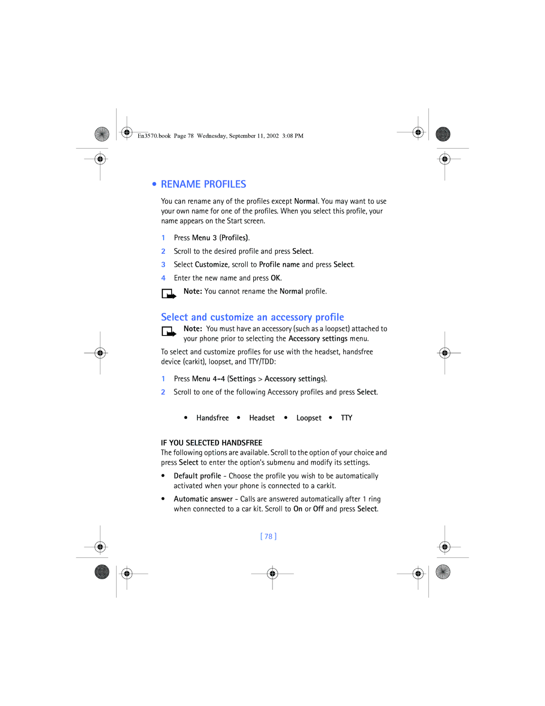 Nokia 3570 manual Rename Profiles, Select and customize an accessory profile, Press Menu 4-4 Settings Accessory settings 