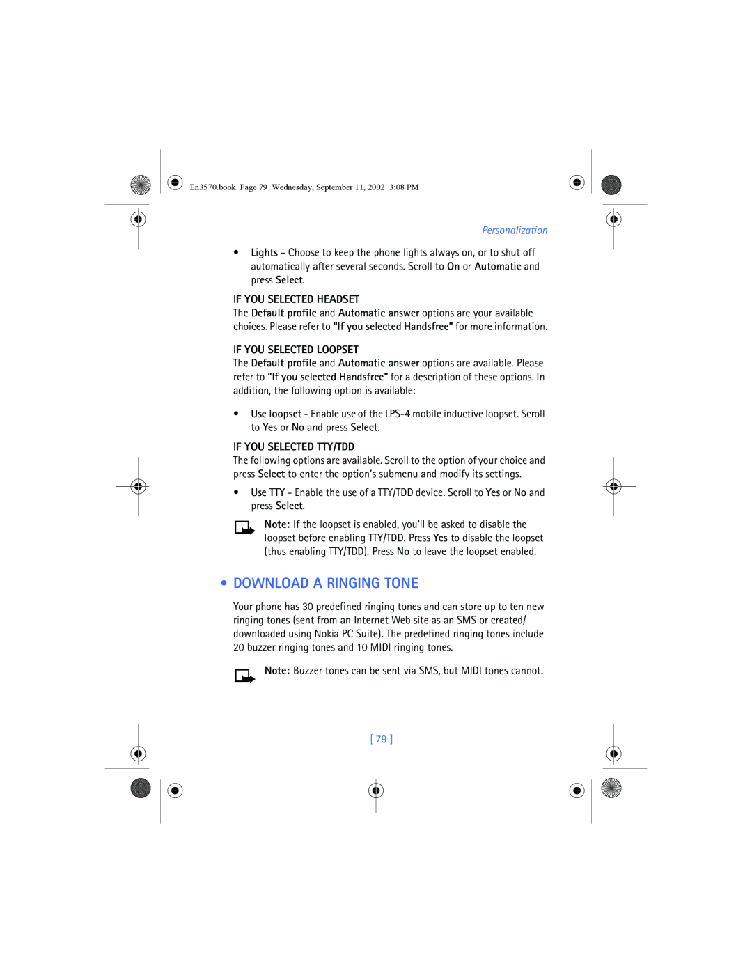 Nokia 3570 manual Download a Ringing Tone, If YOU Selected Headset, If YOU Selected Loopset, If YOU Selected TTY/TDD 