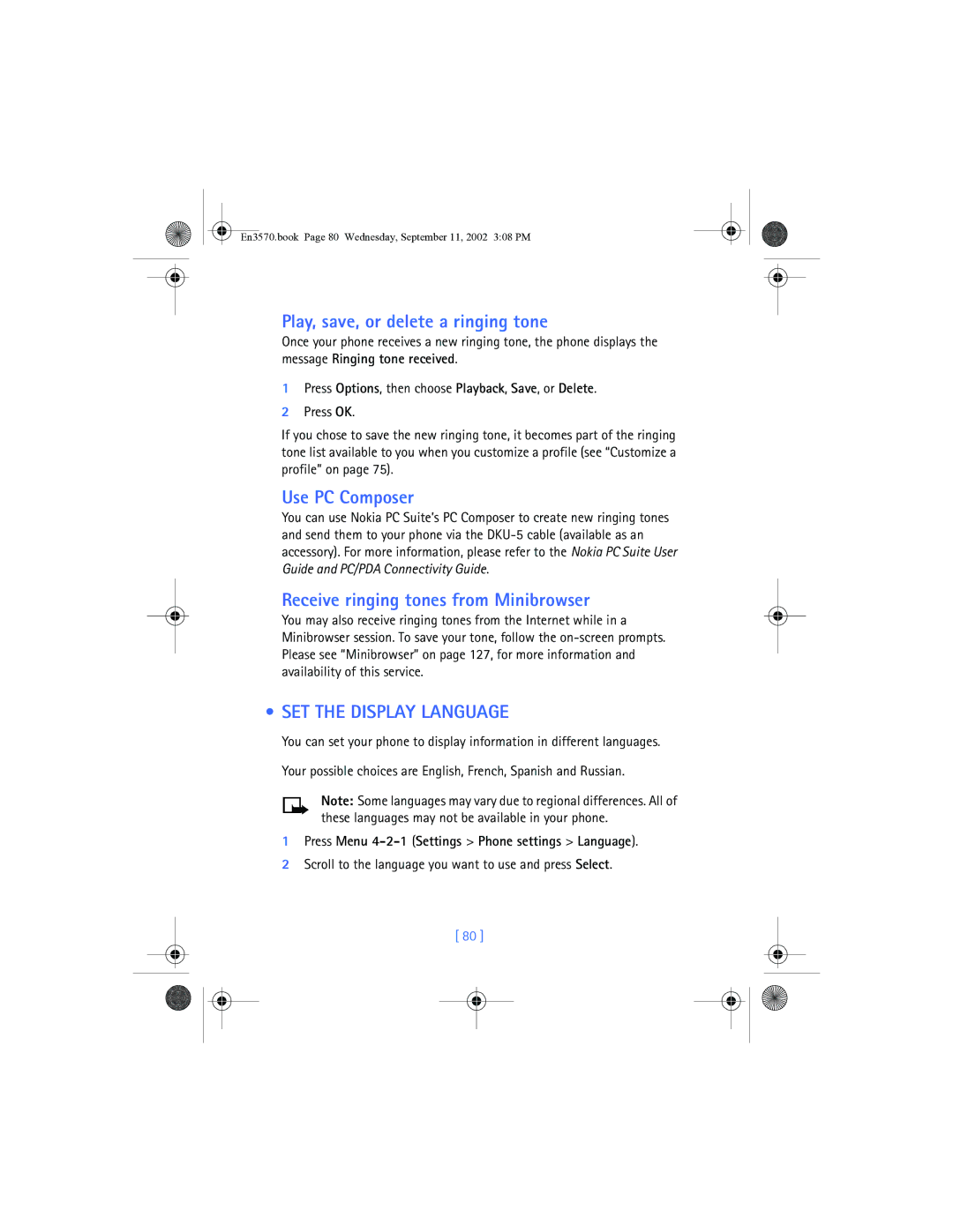 Nokia 3570 manual Play, save, or delete a ringing tone, Use PC Composer, Receive ringing tones from Minibrowser 
