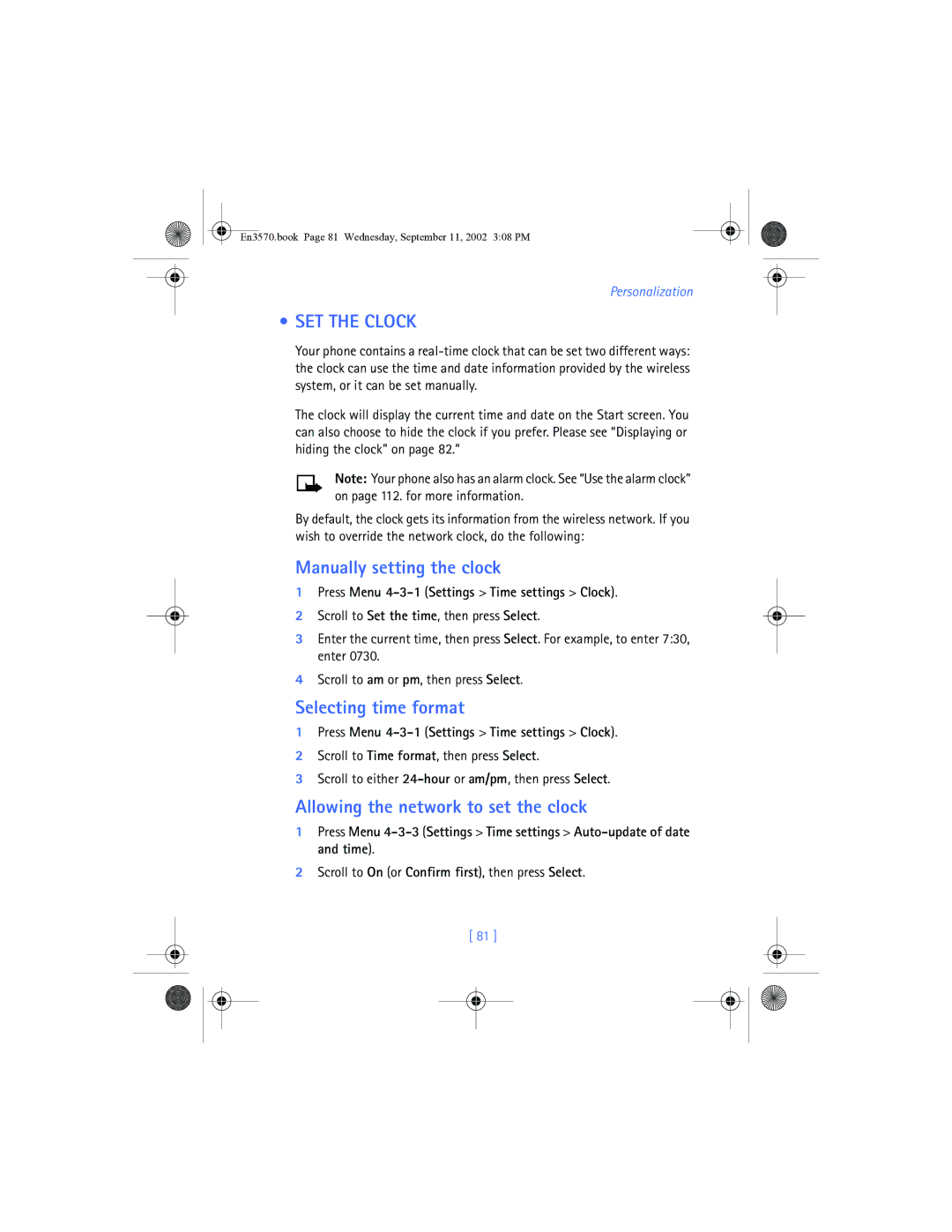 Nokia 3570 manual SET the Clock, Manually setting the clock, Selecting time format, Allowing the network to set the clock 