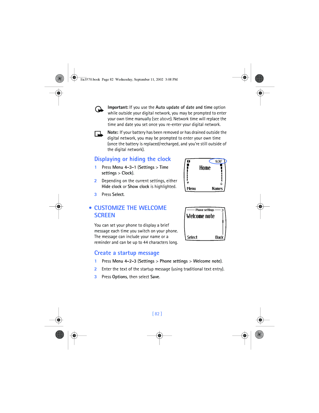 Nokia 3570 manual Displaying or hiding the clock, Customize the Welcome Screen, Create a startup message, Press Select 