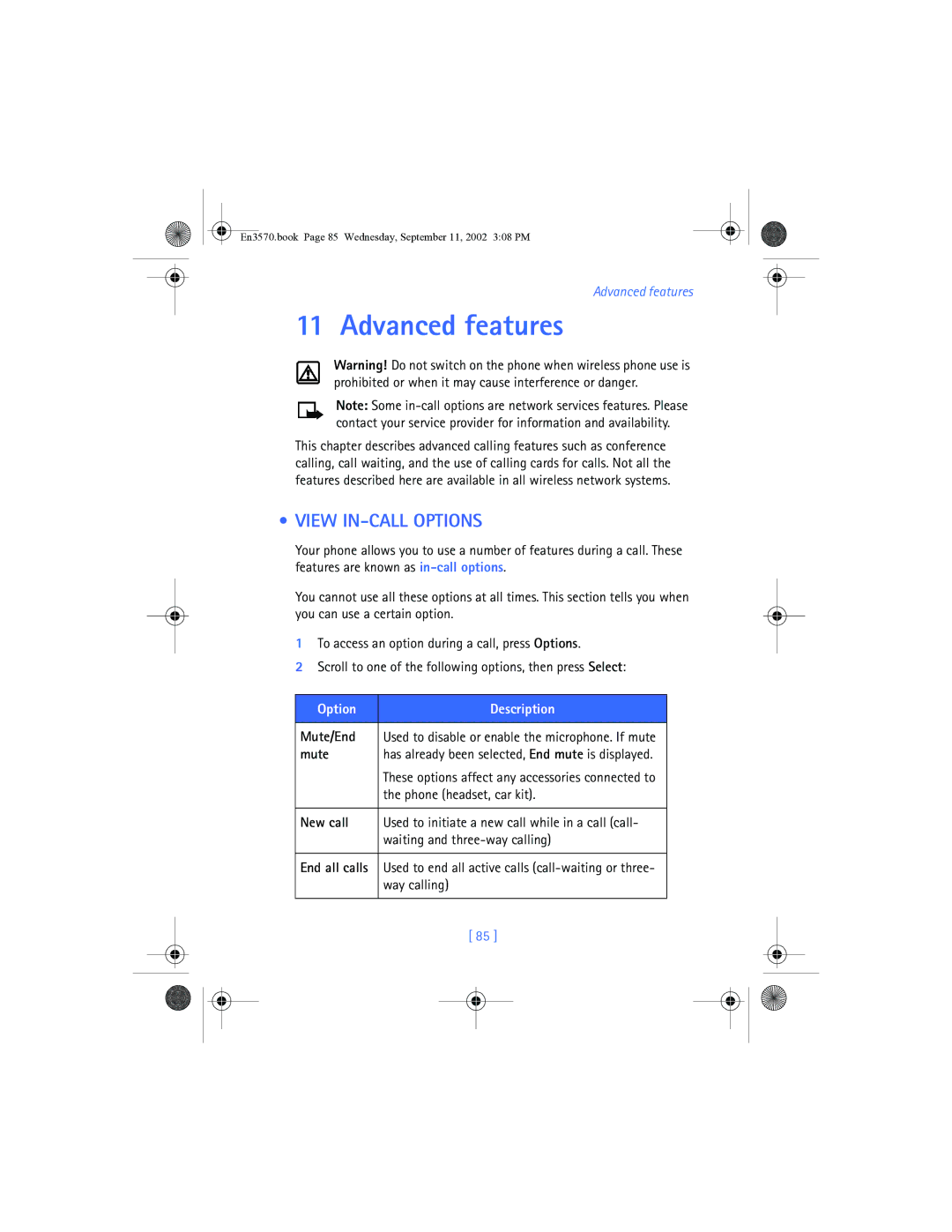 Nokia 3570 manual Advanced features, View IN-CALL Options, Mute/End, New call 