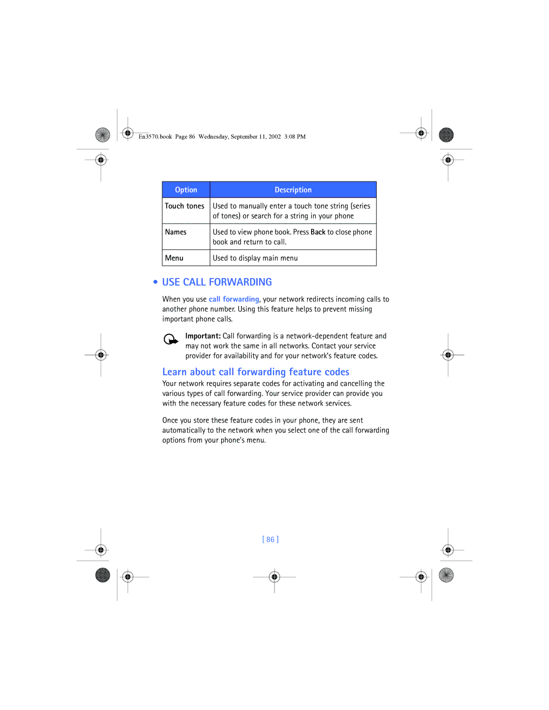 Nokia 3570 manual USE Call Forwarding, Learn about call forwarding feature codes, Names, Menu 