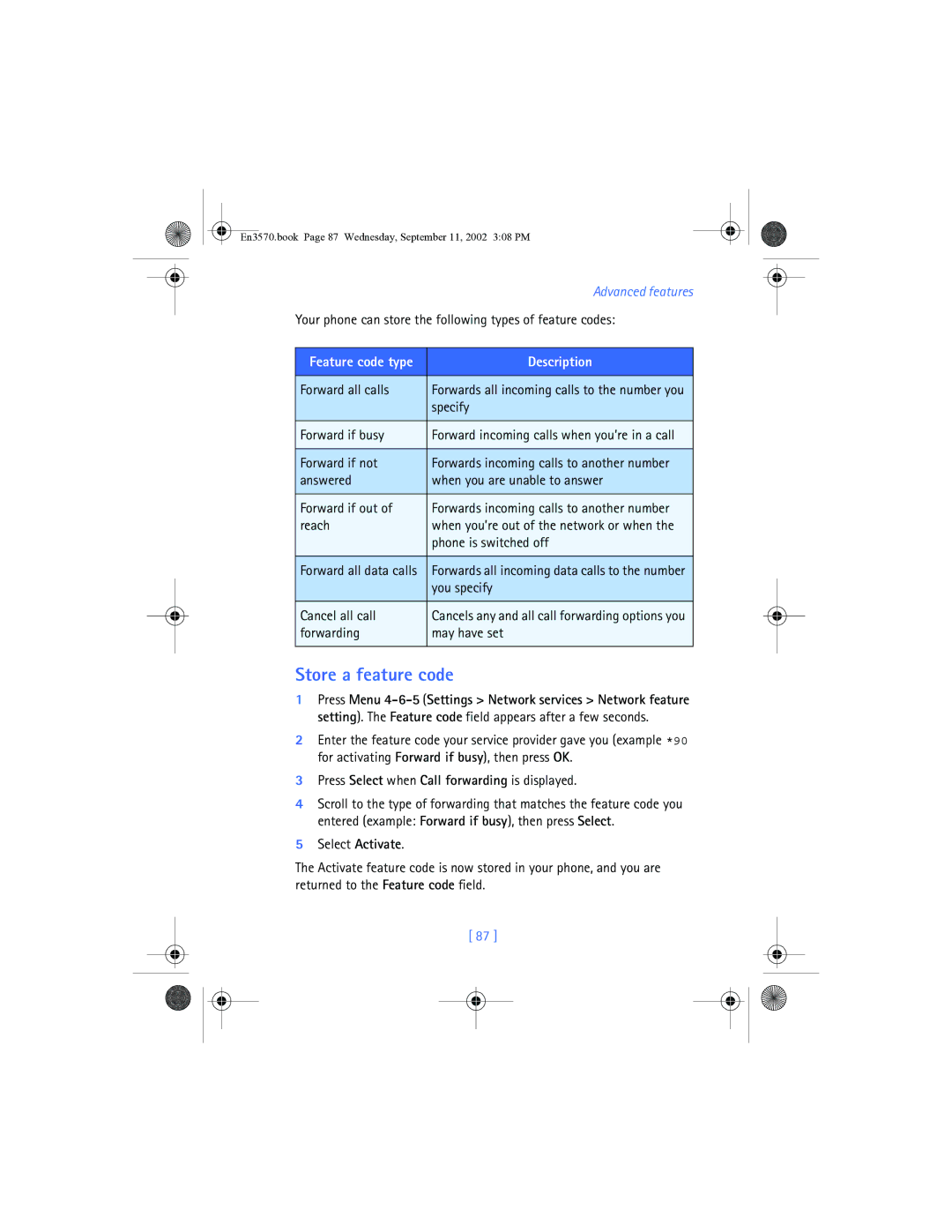 Nokia 3570 manual Store a feature code 