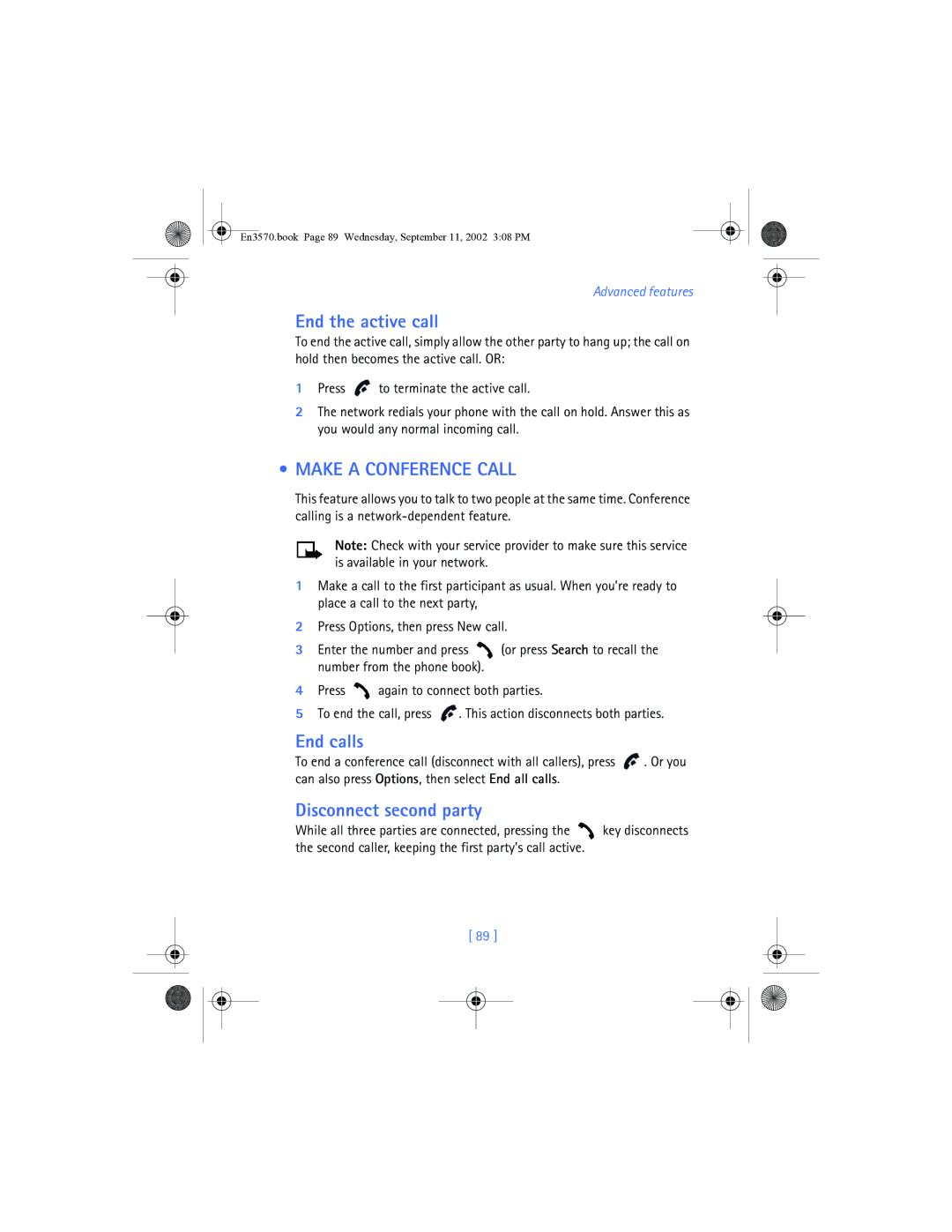 Nokia 3570 manual End the active call, Make a Conference Call, End calls, Disconnect second party 