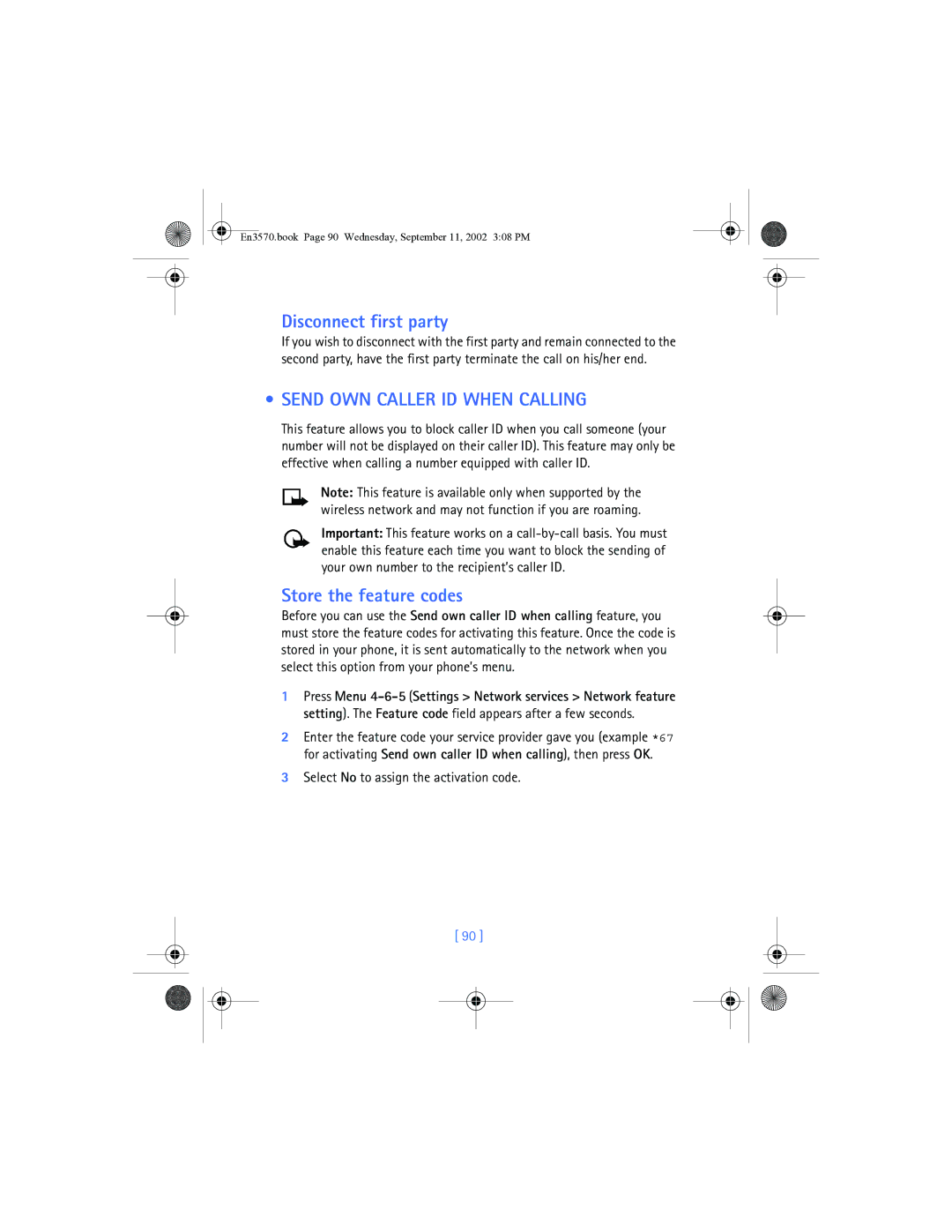 Nokia 3570 manual Disconnect first party, Send OWN Caller ID When Calling, Store the feature codes 