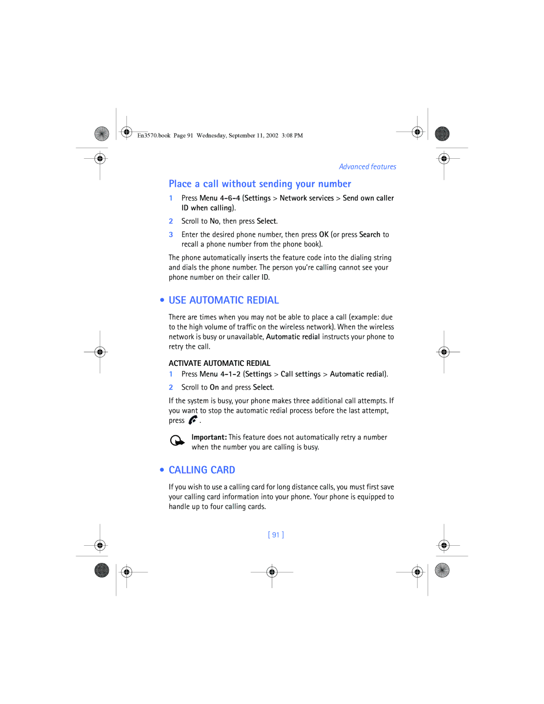 Nokia 3570 manual Place a call without sending your number, USE Automatic Redial, Calling Card, Activate Automatic Redial 