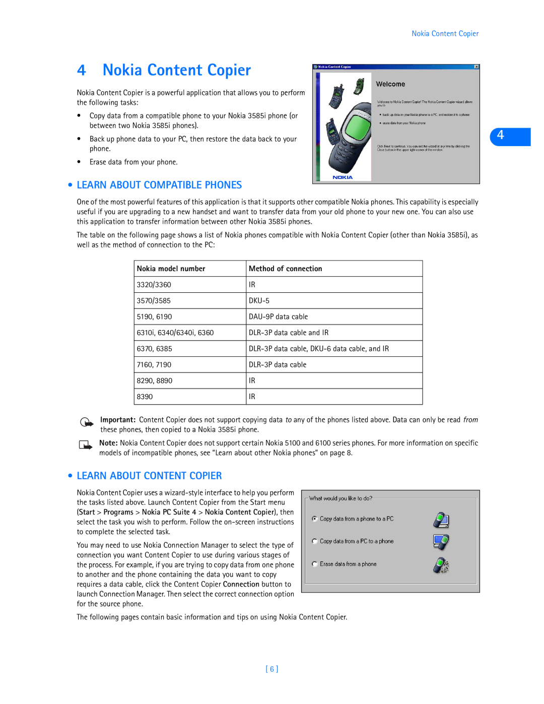 Nokia 3585i manual Nokia Content Copier, Learn about Compatible Phones, Learn about Content Copier 