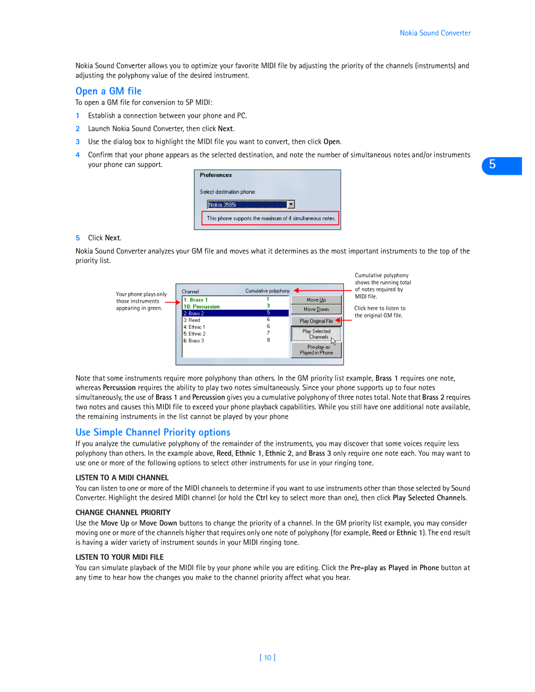 Nokia 3585i manual Open a GM file, Use Simple Channel Priority options, Listen to a Midi Channel, Change Channel Priority 