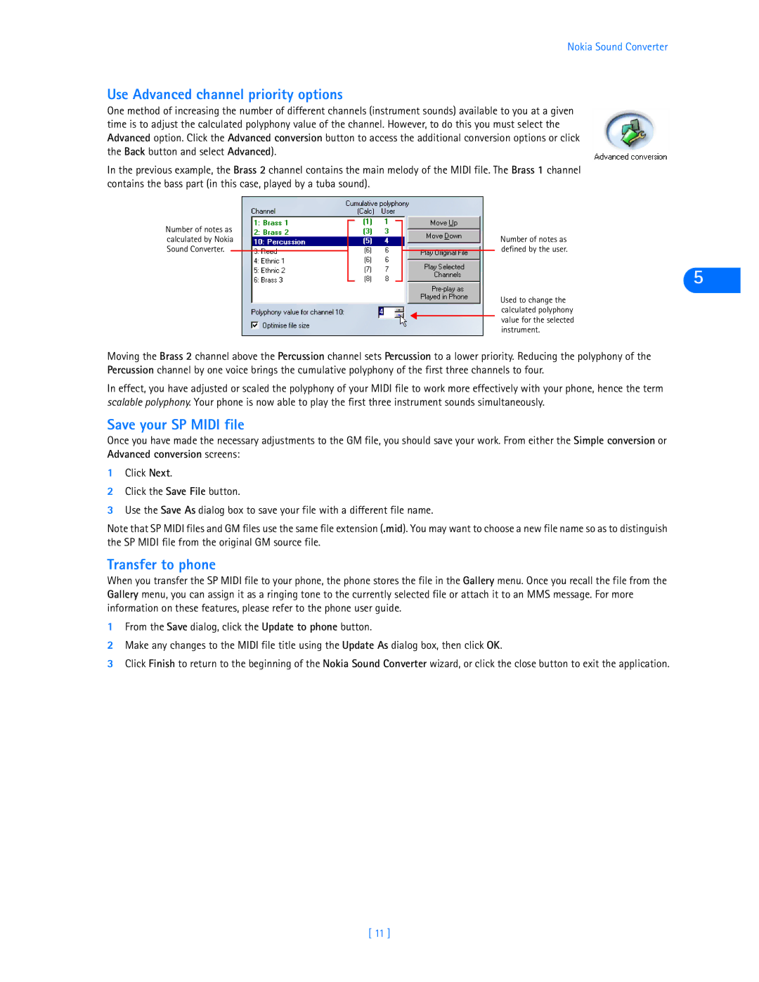 Nokia 3585i manual Use Advanced channel priority options, Save your SP Midi file, Transfer to phone 