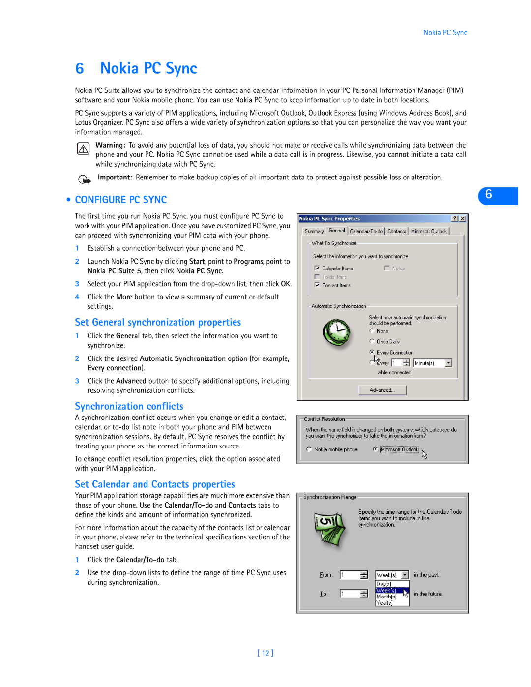 Nokia 3585i manual Nokia PC Sync, Configure PC Sync, Set General synchronization properties, Synchronization conflicts 