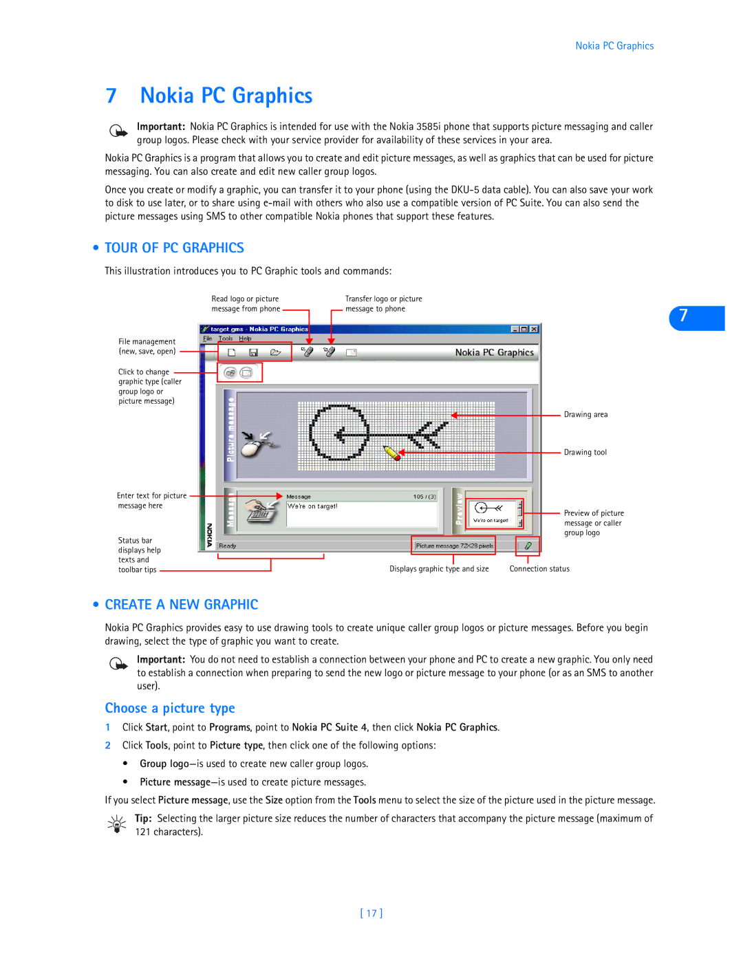 Nokia 3585i manual Nokia PC Graphics, Tour of PC Graphics, Create a NEW Graphic, Choose a picture type 