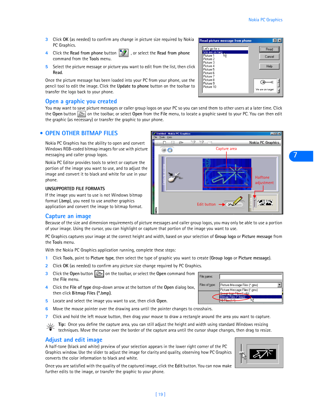 Nokia 3585i manual Open a graphic you created, Open Other Bitmap Files, Capture an image, Adjust and edit image 