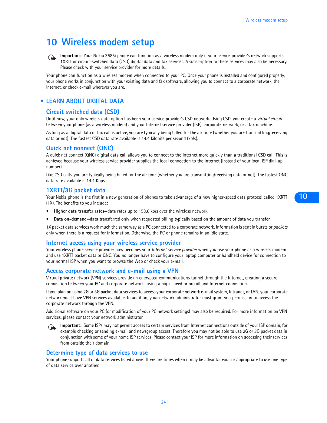 Nokia 3585i manual Wireless modem setup, Learn about Digital Data 