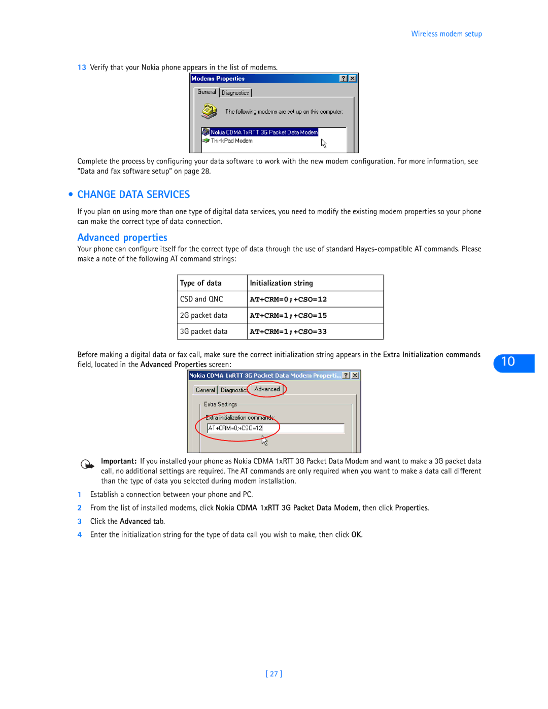 Nokia 3585i manual Change Data Services, Advanced properties, Type of data Initialization string 