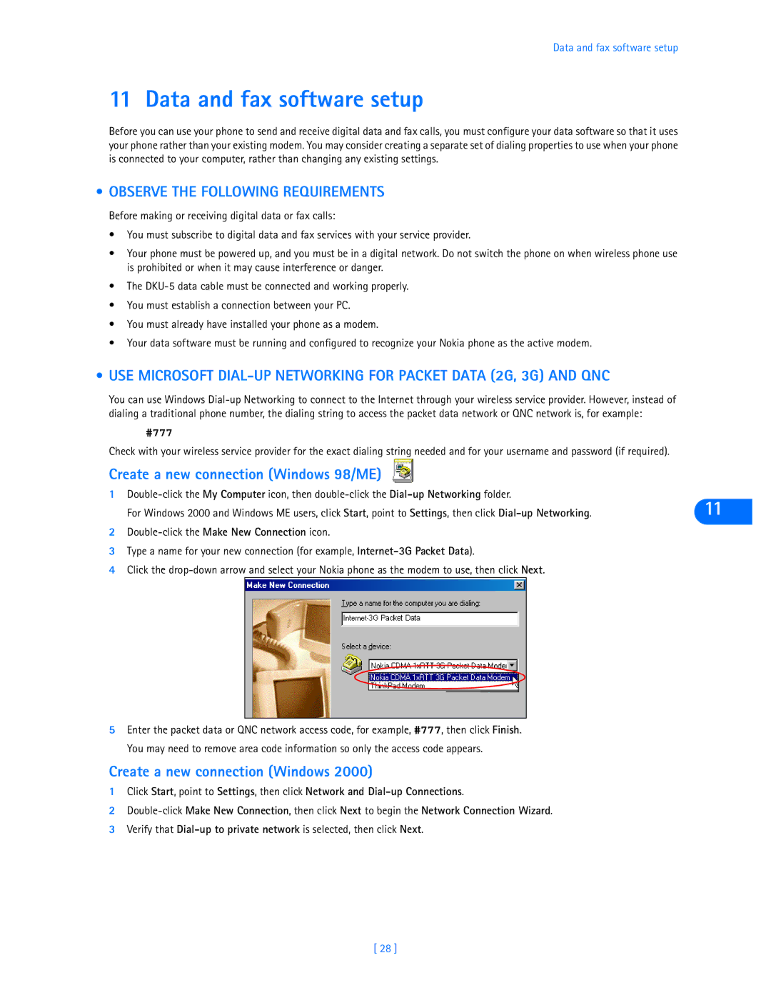 Nokia 3585i manual Data and fax software setup, Create a new connection Windows 98/ME 