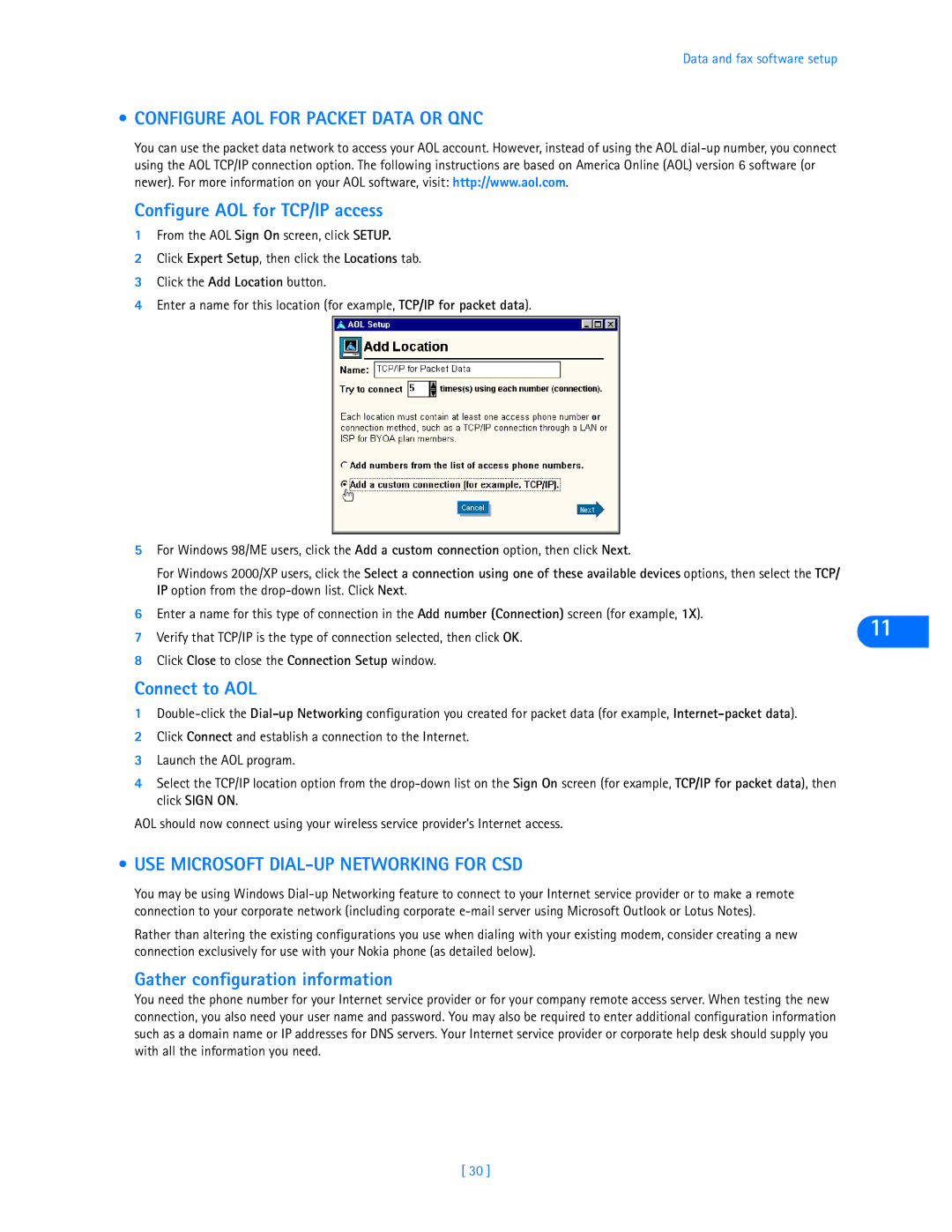 Nokia 3585i manual Configure AOL for Packet Data or QNC, Configure AOL for TCP/IP access, Connect to AOL 