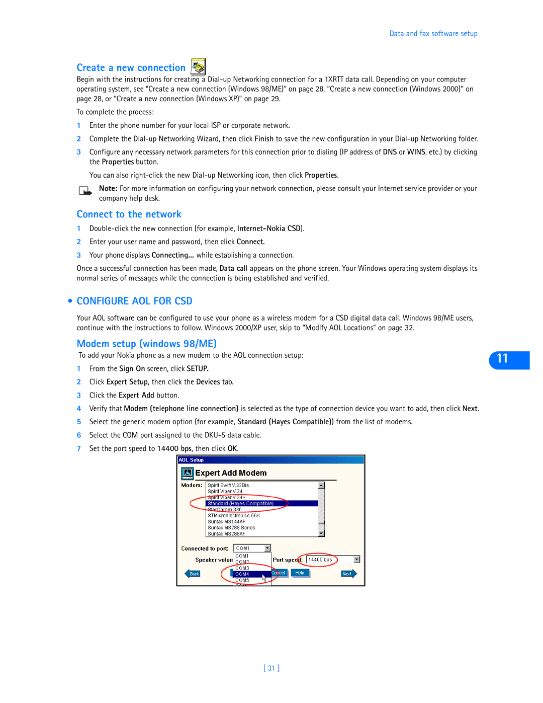 Nokia 3585i manual Create a new connection, Connect to the network, Configure AOL for CSD, Modem setup windows 98/ME 