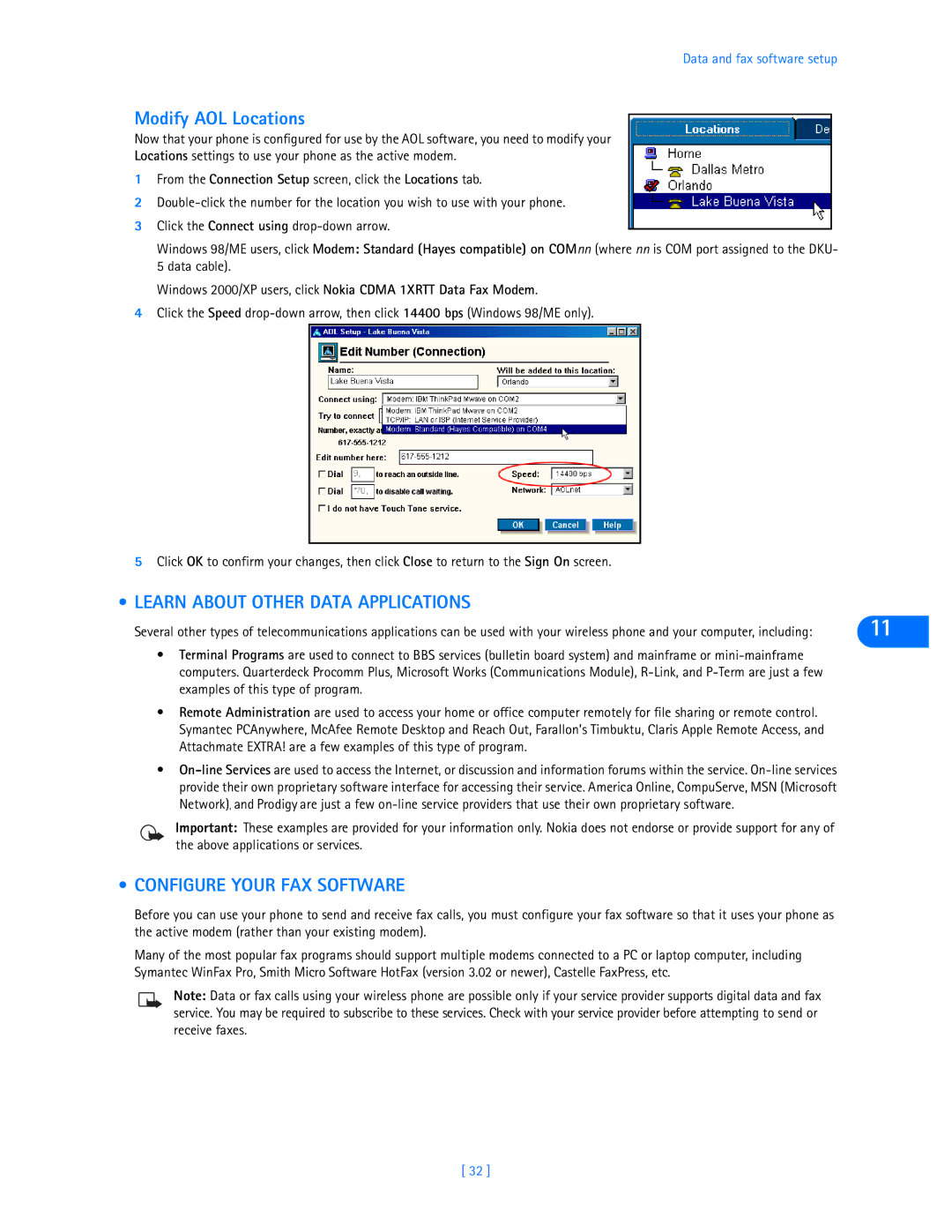 Nokia 3585i manual Modify AOL Locations, Learn about Other Data Applications, Configure Your FAX Software 