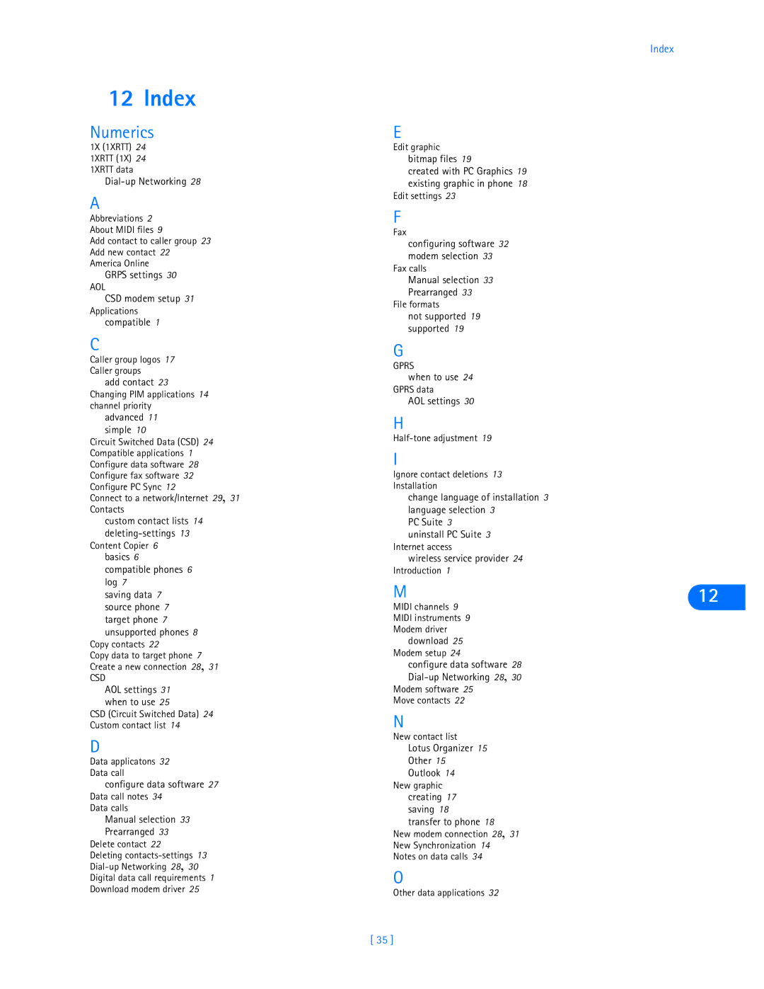 Nokia 3585i manual Index, Numerics 