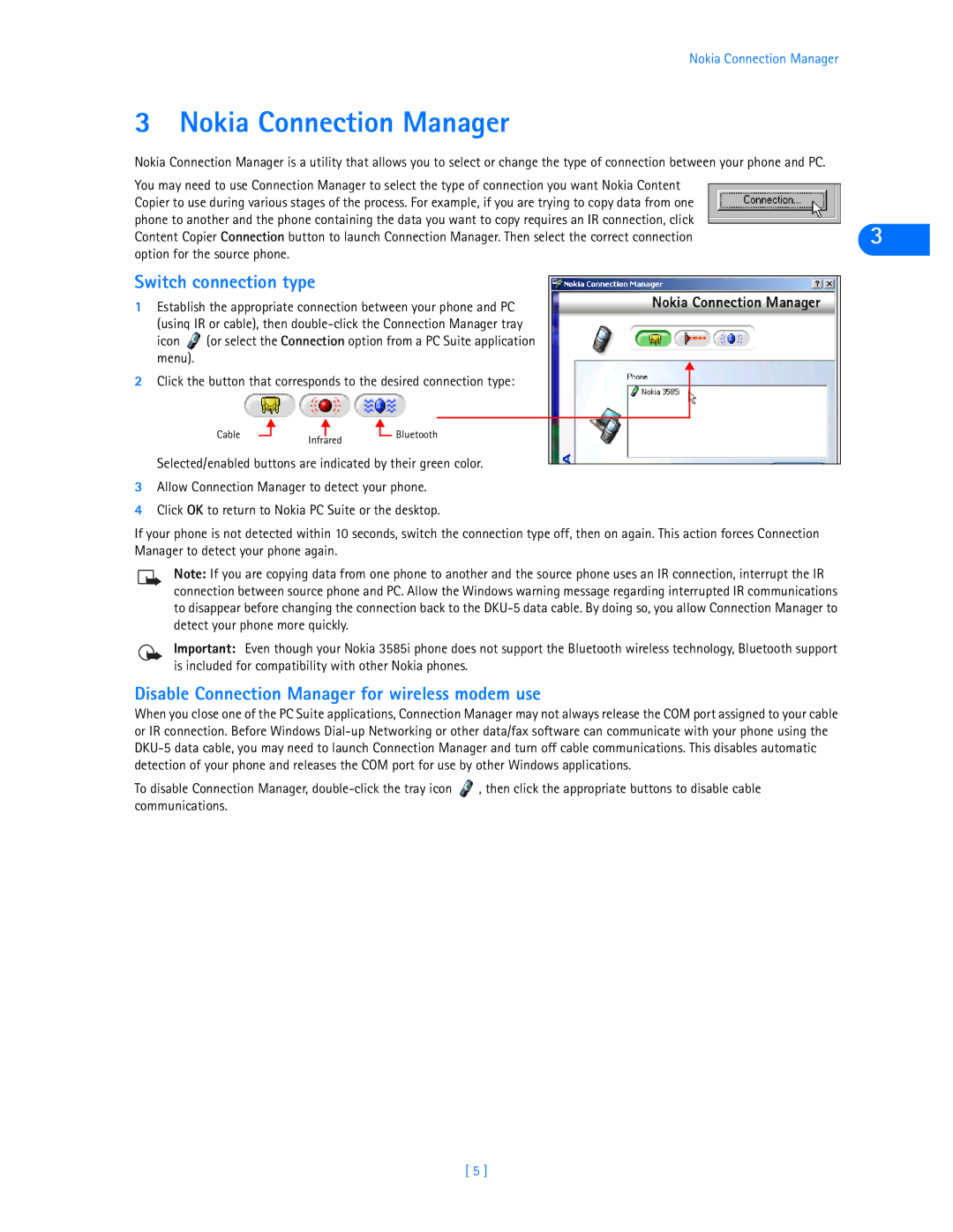 Nokia 3585i manual Nokia Connection Manager, Switch connection type, Disable Connection Manager for wireless modem use 