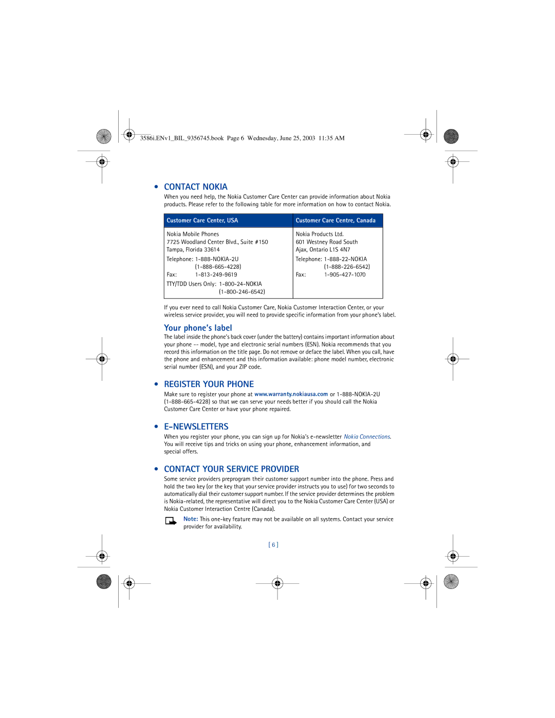 Nokia 3586I manual Contact Nokia, Your phone’s label, Register Your Phone Newsletters, Contact Your Service Provider 