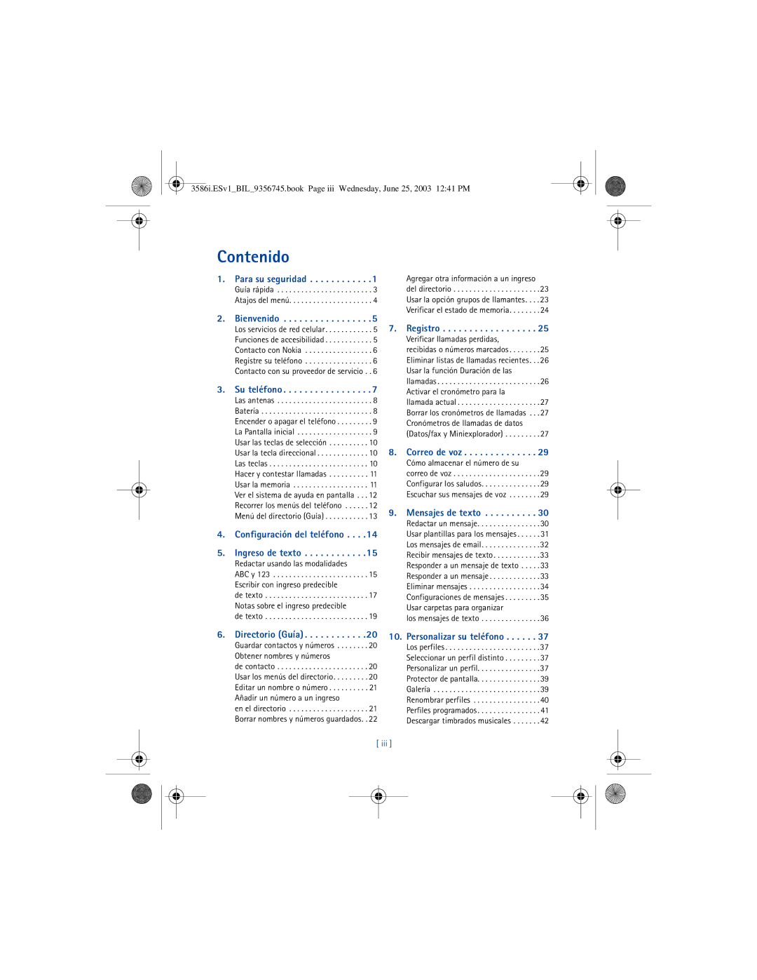 Nokia 3586I manual Contenido, Redactar usando las modalidades, Verificar llamadas perdidas, Cómo almacenar el número de su 