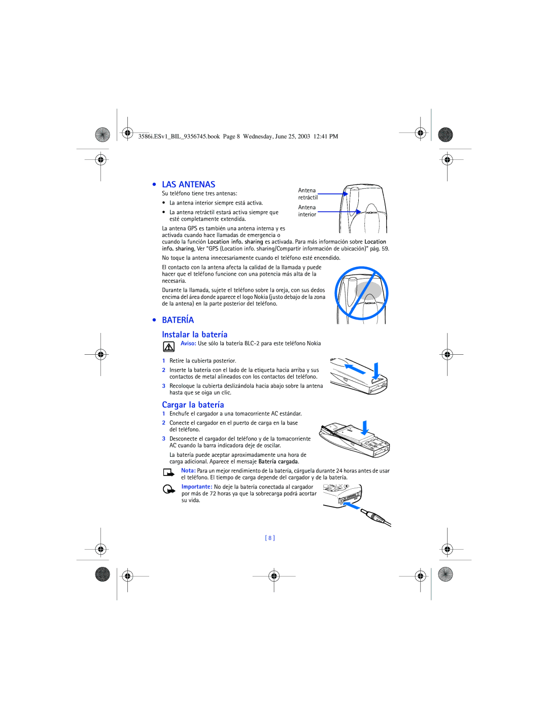 Nokia 3586I manual LAS Antenas, Batería, Instalar la batería, Cargar la batería, Antena retráctil Antena interior 