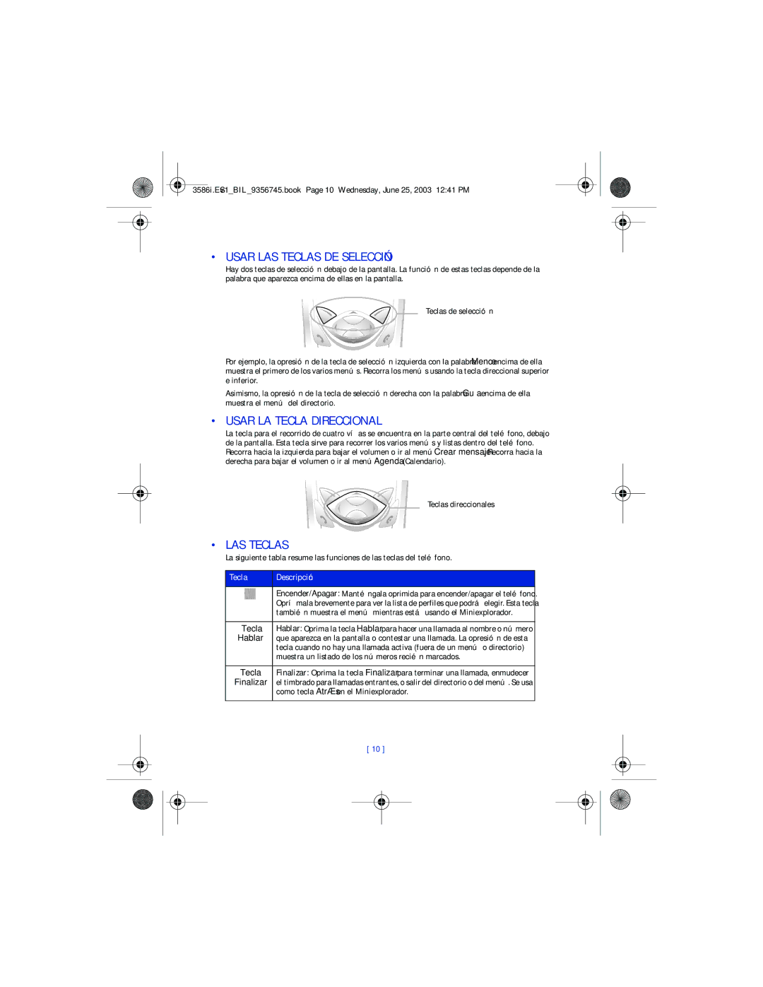 Nokia 3586I manual Usar LAS Teclas DE Selección, Usar LA Tecla Direccional, Tecla Descripción 