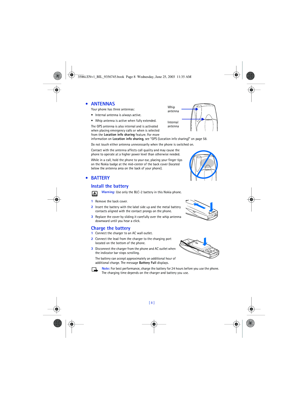 Nokia 3586I manual Antennas, Battery, Install the battery, Charge the battery, Remove the back cover 