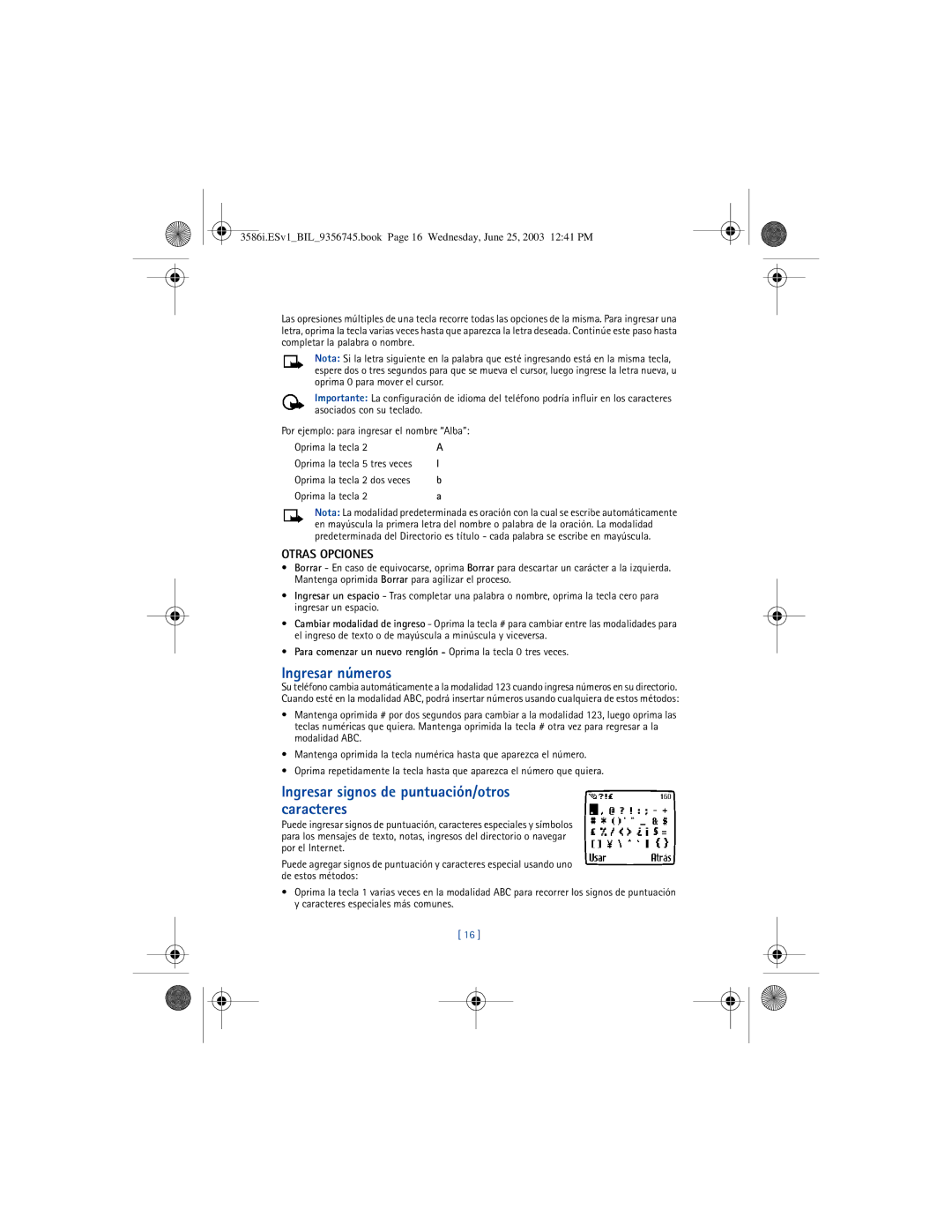 Nokia 3586I manual Ingresar números, Ingresar signos de puntuación/otros caracteres, Otras Opciones 