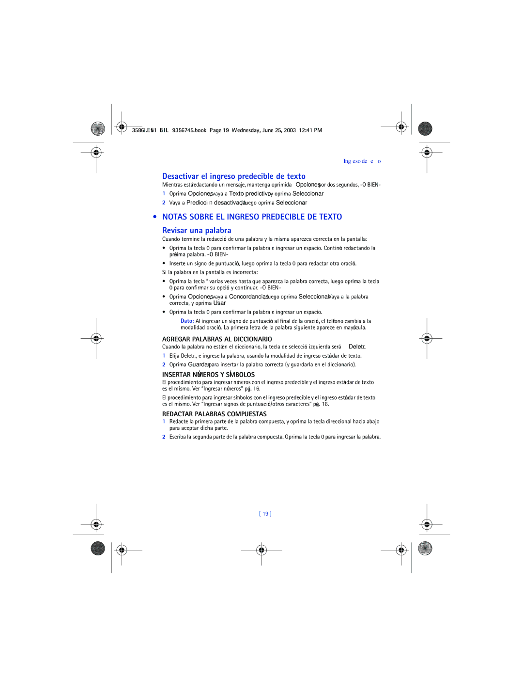 Nokia 3586I manual Desactivar el ingreso predecible de texto, Agregar Palabras AL Diccionario, Insertar Números Y Símbolos 