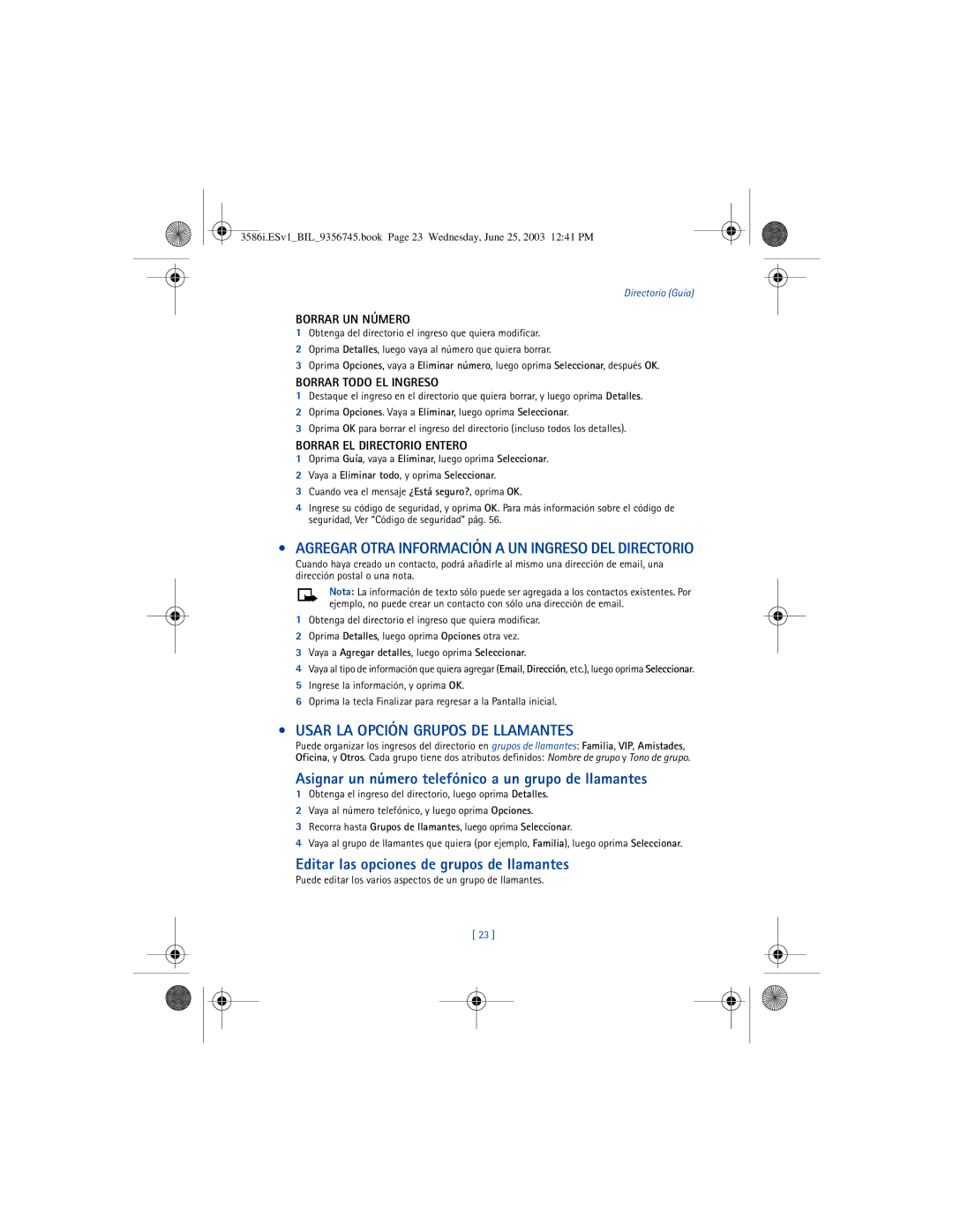 Nokia 3586I manual Agregar Otra Información a UN Ingreso DEL Directorio, Usar LA Opción Grupos DE Llamantes 
