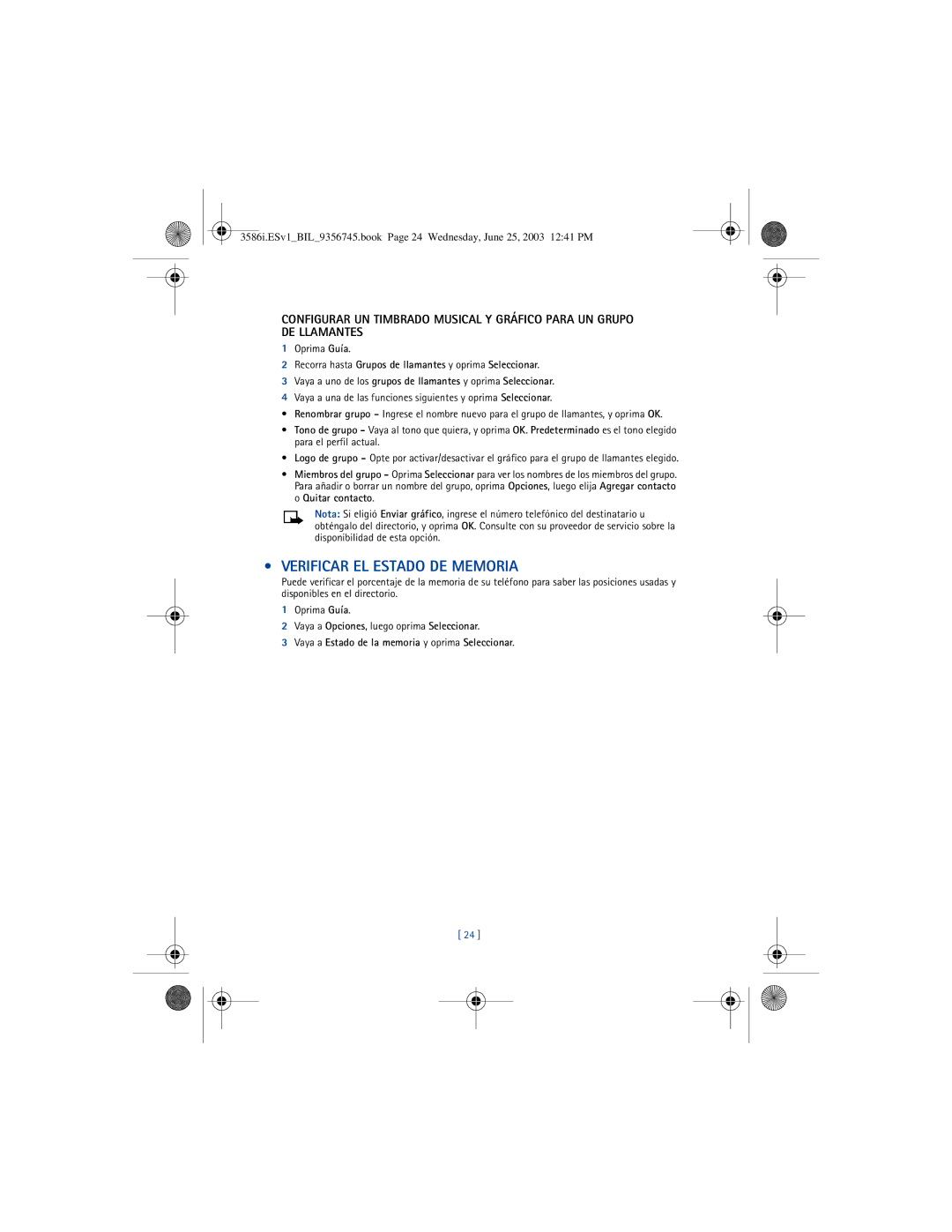 Nokia 3586I manual Verificar EL Estado DE Memoria, Vaya a Estado de la memoria y oprima Seleccionar 