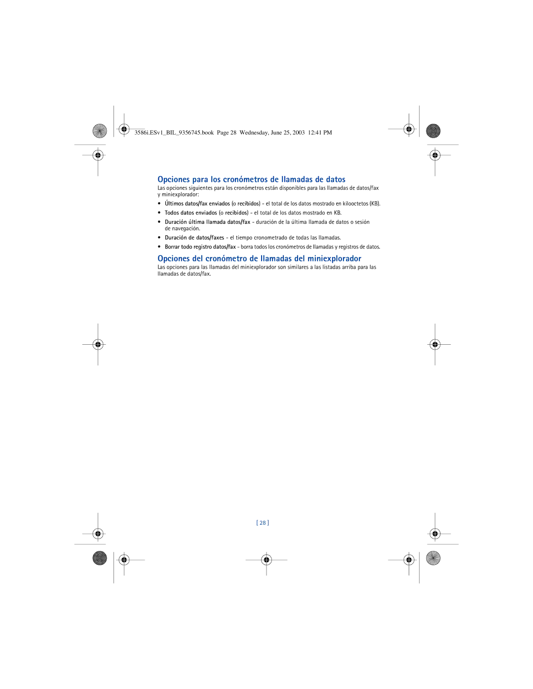 Nokia 3586I Opciones para los cronómetros de llamadas de datos, Opciones del cronómetro de llamadas del miniexplorador 