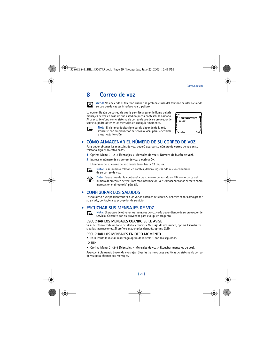 Nokia 3586I manual Correo de voz, Cómo Almacenar EL Número DE SU Correo DE VOZ, Configurar LOS Saludos 