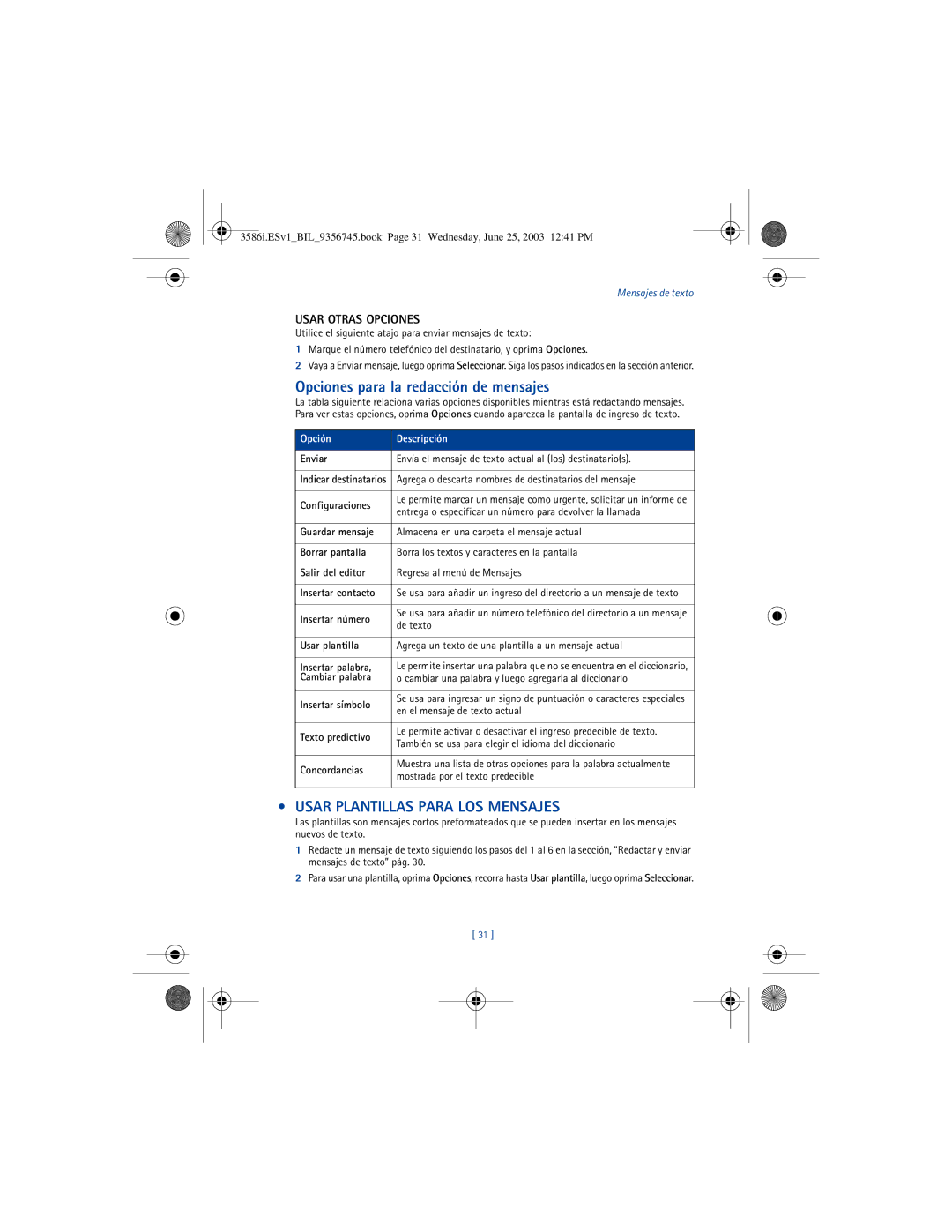 Nokia 3586I manual Opciones para la redacción de mensajes, Usar Plantillas Para LOS Mensajes, Usar Otras Opciones 