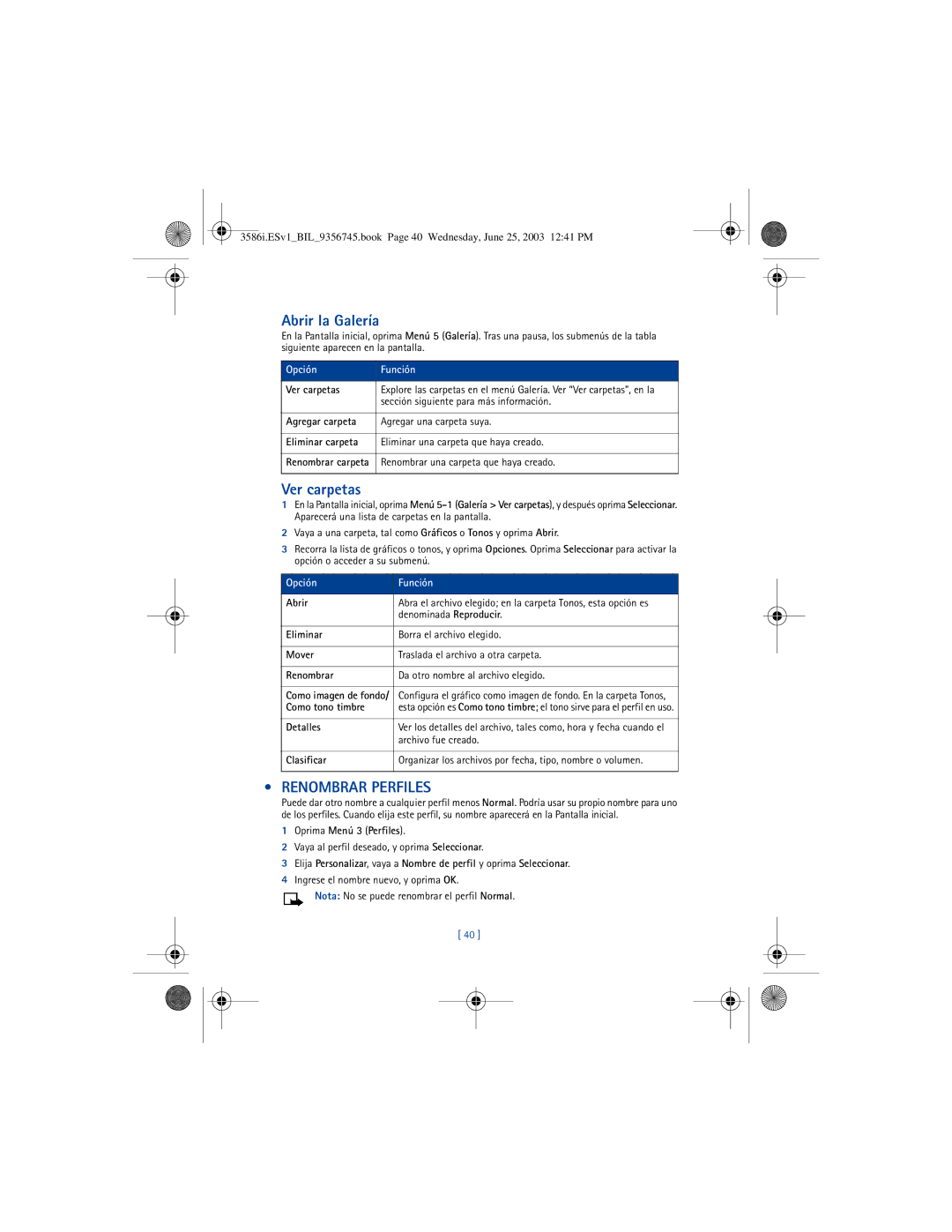 Nokia 3586I manual Abrir la Galería, Ver carpetas, Renombrar Perfiles, Opción Función 