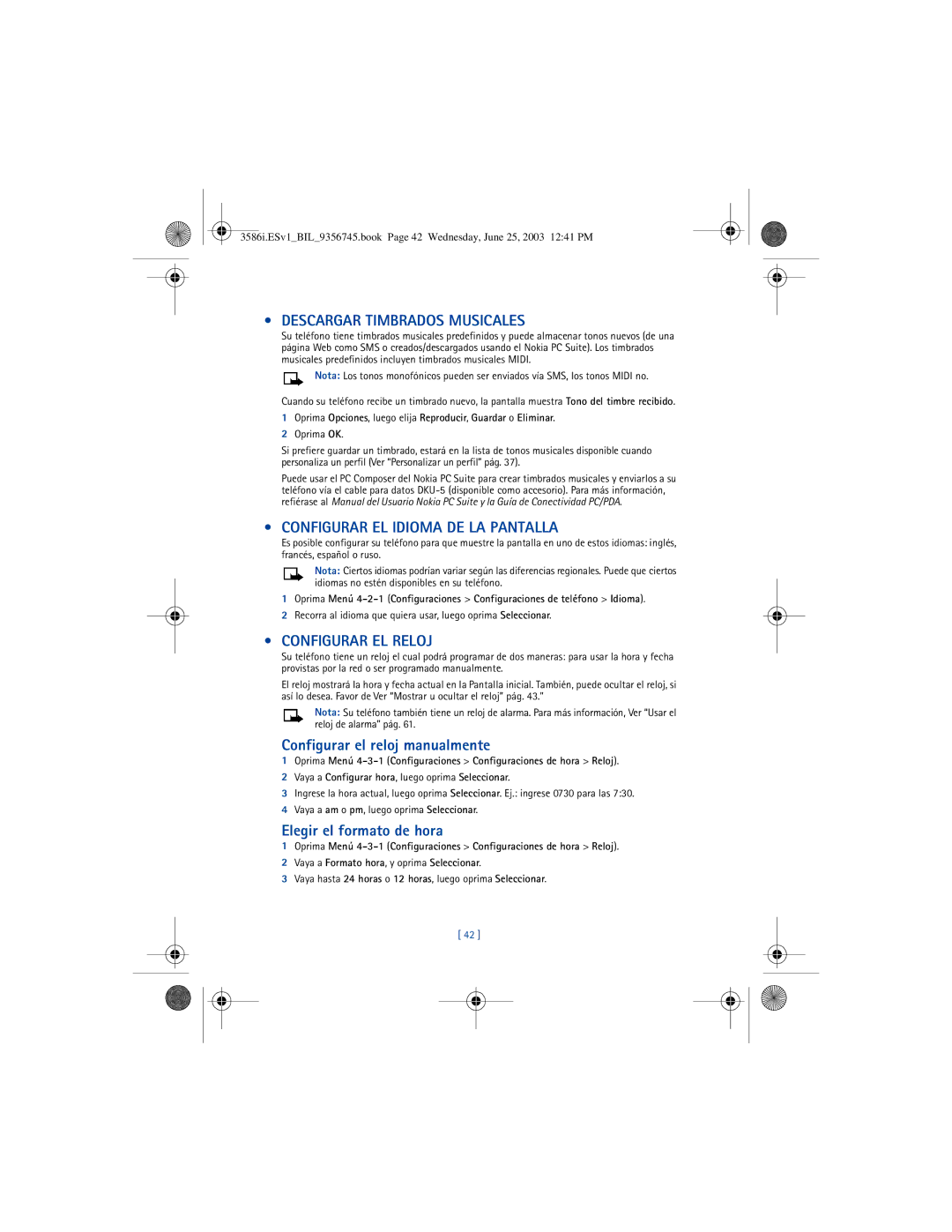 Nokia 3586I manual Descargar Timbrados Musicales, Configurar EL Idioma DE LA Pantalla, Configurar EL Reloj 